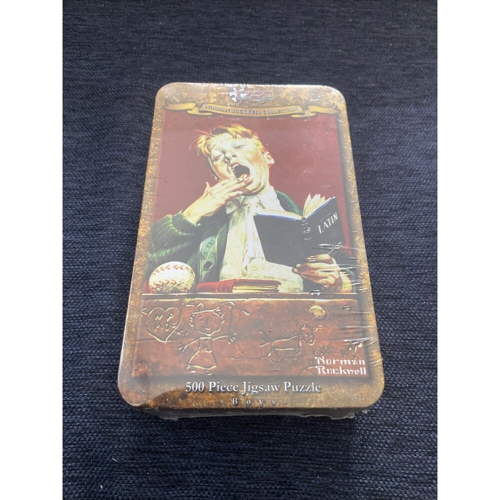 NEW Sealed Norman Rockwell Jigsaw Puzzle The Sleepy Scholar 500 Piece Tin Case